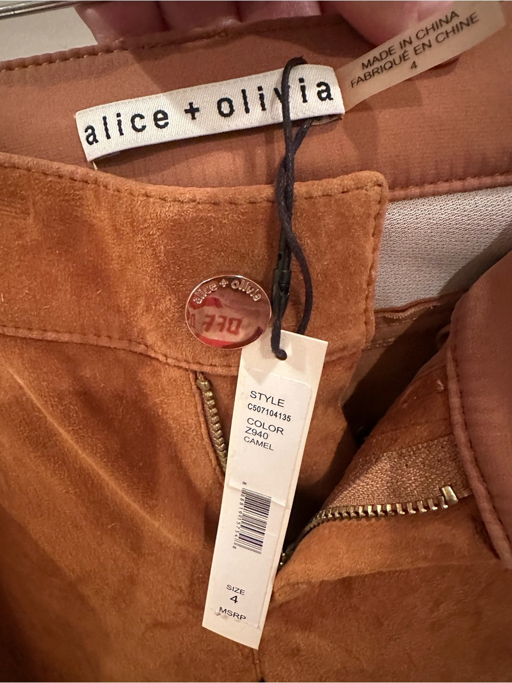 Alice and Olivia soft lamb suede bootcut pants gold buttons size 4 NWT
